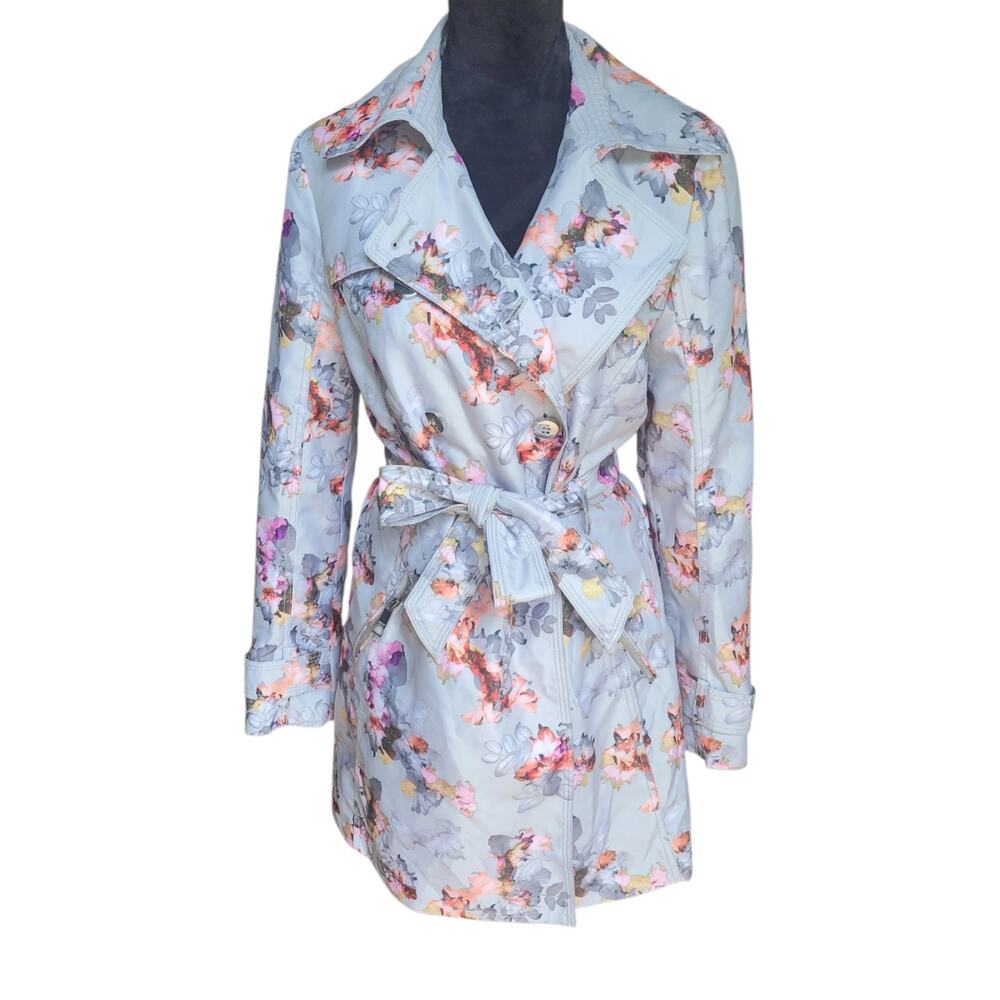 GUESS Floral Trench Coat Women's M Light Blue Pink Gray Belted Button Front